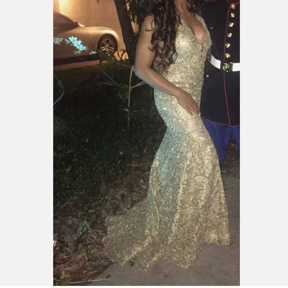 Sherri Hill Gold Lace Halter Gown  Size 8  Worn Once, Excellent Condition  - threedaughtersproperties.com